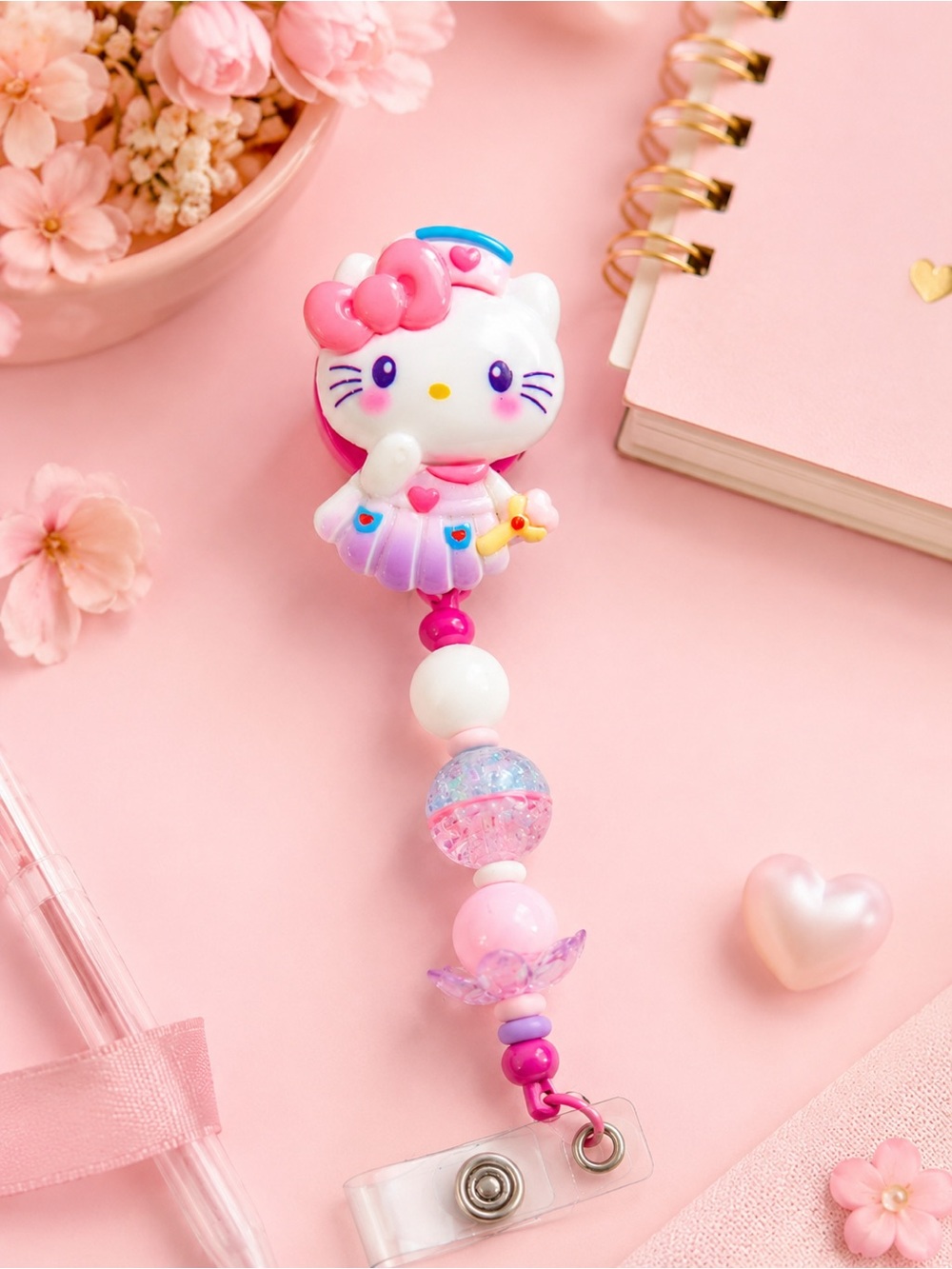Pink Kitty Beaded Badge Reel - Cute Hello Kitty Style ID Holder Handmade - Nurse